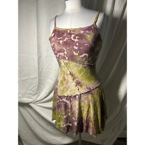 Abstract Burnout Velvet Mini Dress Purple Green Lettuce Edge Seam Sleeveless